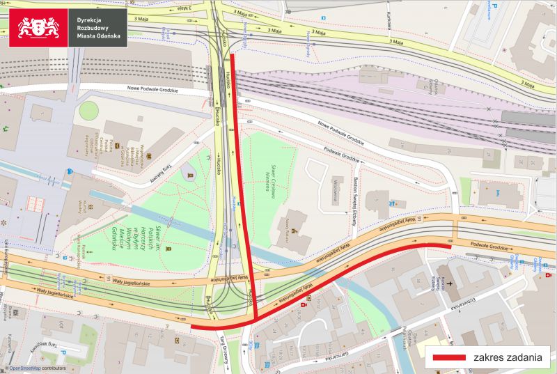 Mapa z zakresem przebiegu nowego ciagu pieszo rowerowego na fragmencie Walow Jagiellonskich i Huciska 1